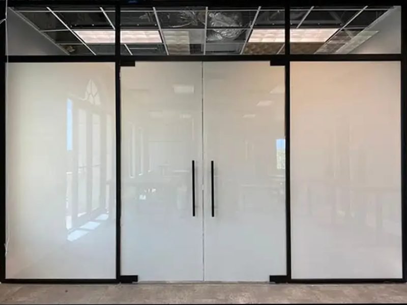 The same boardroom front switched to private, all panels opaque white